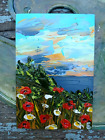 Original Art Poppies Field Wildflowers Field Oil Painting Landscape Dawn 6 X 4"
