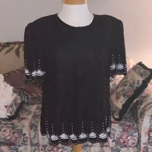 Vintage Laurence Kazar Beaded Short Sleeve Blouse - Picture 1 of 6
