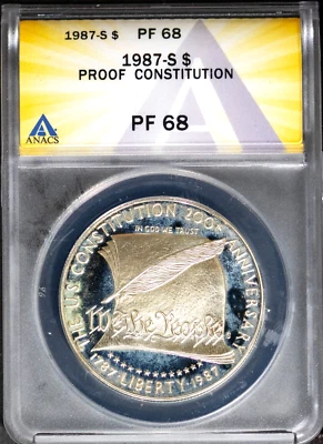 1987-S Silver $1 Constitution Dollar PF 68 ANACS # 7695780 + Bonus - Image 1 of 2