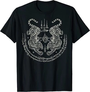 T-shirt regalo Sak Yant Thai Tattoo Twin Tiger Muay magica Thailandia taglia S-5XL - Foto 1 di 2