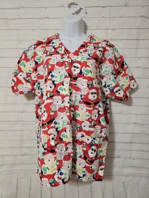 Women's  Peaches Uniforms Multicolor Santa Claus Scrub Top, Size M, See Pics - Image 1 of 4