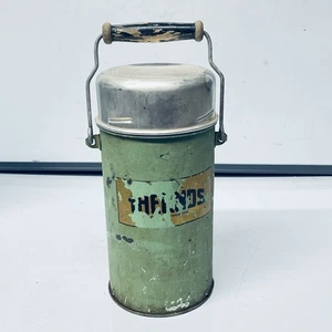 Vintage Green Thermos Flask With Cork Inner Lid, Metal Top & Handle Circa 1950s - Picture 1 of 17
