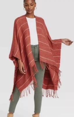 Universal Thread OS Fringed Orange Rust White Stripe Ruana Kimono Jacket Poncho - Image 1 of 4