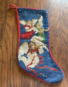 Vintage Christmas Stocking 22 Inch Needlepoint Cross Stitch Winged Angel - Picture 1 of 3