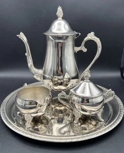 Vintage versilberte Kaffee/Teekanne Krug Sahne Zucker & Teller - Bild 1 von 19
