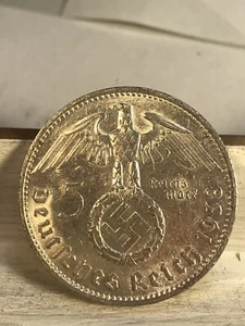 1938 F 5 Mark German WW2 Silver Coin Third Reich High Grade w/Luster Free Ship S - Picture 1 of 2