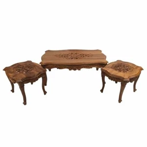 Solid Teak Wood Hand Carved Coffee Table Set Antique Reproduction Louis Style - Picture 1 of 9