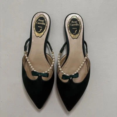 Rene Caovilla emerald green patin pearl slipper / mules with silver bottoms. - Image 1 of 4