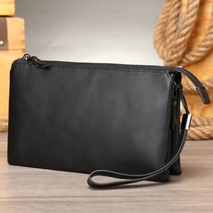 Men's Black Leather Clutch Bag Wristlet Wallet Organizer with Zipper Pockets - Picture 1 of 21