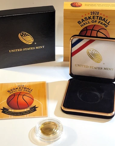 UNC 2020 $5 Gold 1/4 oz Proof US Basketball Hall of Fame USA plus COA, Case, Box Cover