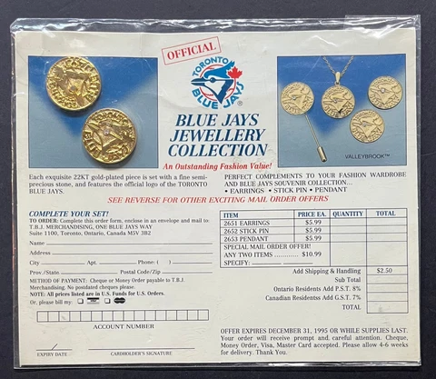 1995 Toronto Blue Jays MLB Baseball 22k Earrings Original Unopened New Old Stock Cover
