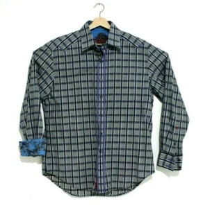 Robert Graham Men Size L Blue Plaid Ville Pais Embroidered Flip Cuff Button Down - Foto 1 di 6