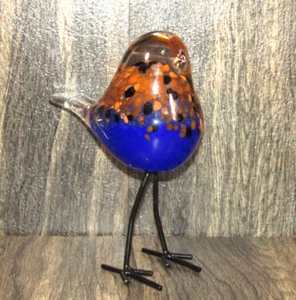 Vintage MCM Blown Glass Art Cobalt Blue Orange 8" Bird W/Metal Legs Collectible - Picture 1 of 9