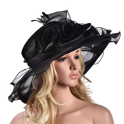 Women Dress Church Wedding Kentucky Derby Wide Brim Feather Sun Floppy Hat A341 - Image 1 of 4