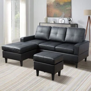 Black Semi PU Synthetic Leather 3-Piece Sofa Living Room Sofa Set with Ottoman - Picture 1 of 24