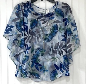 Alfred Dunner Womens Shear Cape Layered Blouse Top Size 10P Blue Floral - Picture 1 of 14
