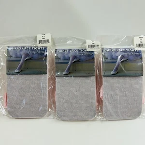 Girls Fashion Pink Lace Nylon Tights Size 4-6 Fits 38-50 lbs 3 Pair Made in USA - Picture 1 of 4
