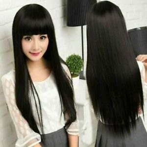 100% Human Hair New Fashion Elegant Women's Long Natural Black Straight Full Wig