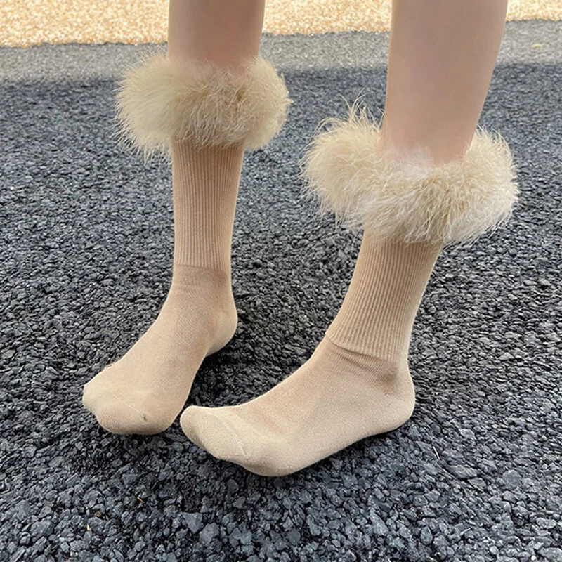 1 Pair Women Socks Faux Fur Trim Mid Calf Length Comfort Casual Dancewear Party - Image 1 of 4