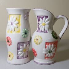Pair Of Vintage Retro Daisy Ceramic Wall Pockets Vase Boho Shabby Chic Cottage 