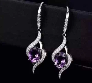 2Ct Oval Lab-Created Amethyst Diamond Drop Dangle Earring 14k White Gold Plated - Picture 1 of 3