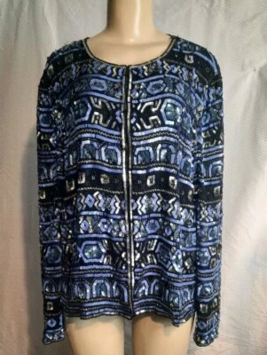 Adrianna Papell Boutique Beaded Sequin Cocktail Jacket Blue/Black Size 18 W - Image 1 of 4