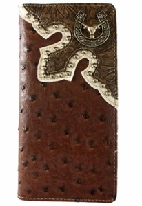 Long Horn Mens Wallet Western Bifold Check Book Style W039-6 Ostrich Brown - Picture 1 of 4