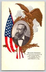 Postcard President Benjamin Harrison - Gilded Embossed w Flag - Patriotic - Picture 1 of 2