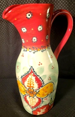 Jarra floral de cerámica de caqui rojo retirado Anthropologie con mango de 12" de alto Foto 1 de 4