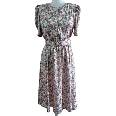 Tabby California Vtg 80s Floral Cottage Button Dress w/ Belt Womens 10 - Image 1 of 4