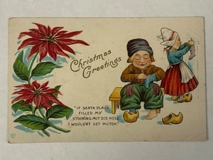 Christmas Greetings Embossed Postcard Dutch Santa Claus Chrysanthemum Stocking - Picture 1 of 3