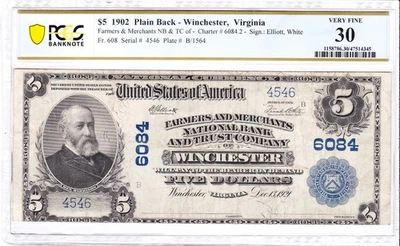 $5 1902 PB National WINCHESTER Virginia VA 🇺🇸 PCGS 30 Very Fine! 🇺🇸 Rarer! - Image 1 of 2