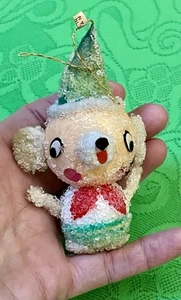 Vtg Sugared BEAR/mouse Clown Kitschy MCM-Chunky Frosted Xmas Ornament-JAPAN - Picture 1 of 13