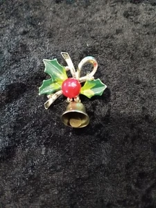 Delicate Vintage Holly & Bell Themed Holiday Brooch - Picture 1 of 1