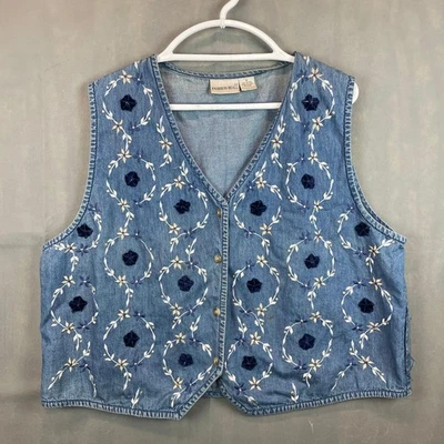 Fashion Bug Denim Vest Women 1X Blue Sleeveless Embroidered Floral Button Front - Image 1 of 4
