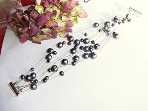 SCHMUCK-STCK  ARMBAND SÜßWASSER PERLE GRAU NEU 11-reihig - Picture 1 of 2