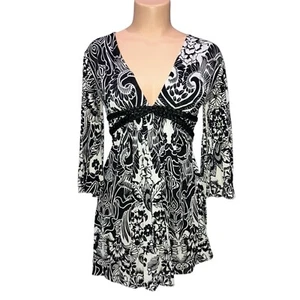 Vestido Floral Sky Deep Cuello en V Cuero Cinturón Elástico Seda Negro Blanco Pequeño Nuevo con Etiquetas - Imagen 1 de 8