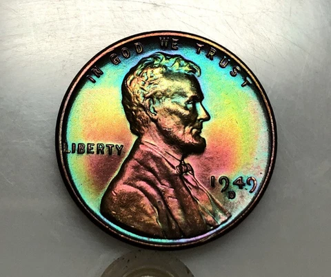 Lincoln Wheat Cent 1949 D BU Monster rainbow TONED US Coin Cover