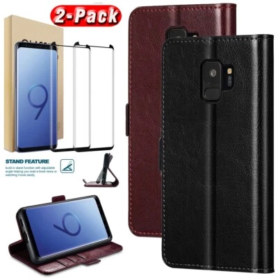 For Samsung Galaxy S9/S9 Plus Leather Card Wallet Case Flip Cover Tempered Glass - Image 1 of 4