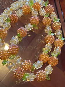 Vintage Fruit Salad 30” Necklace - Lucite Sugar Bead - Peach Or Orange w Leaves - Picture 1 of 12