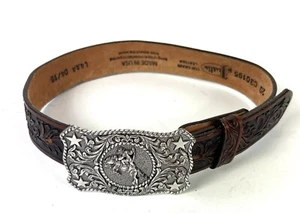JUSTIN Belt Black Tooled Leather Rodeo Western Cowboy Buckle USA Youth 25 $49 * - Picture 1 of 6