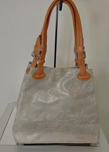 Borse In Pelle Grey Green & Tan Italian Embossed Flora Leather Handbag Preowned - Picture 1 of 12