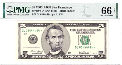 2003 $5 FRN San Francisco **STAR** Low 320k Print PMG 66EPQ #DL03444464* - Image 1 of 2