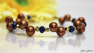 Glass Jewels XL Gold Armband Perlen Braun Blau Hippie Stil Länge 21 cm #H088 - Bild 1 von 3