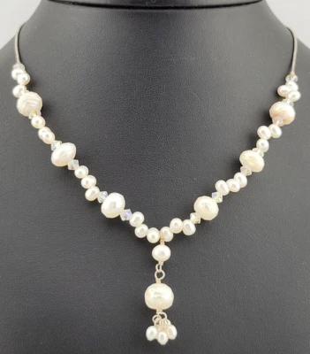 Colar Gargantilha Lariat Prata Esterlina 925 Pérola Cultivada Barroca Cristal AB - Imagem 1 de 4