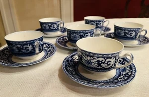 SET OF 6 FLOW BLUE GRINDLEY GLENMORE PORCELAIN TEACUPS & SAUCERS England - Picture 1 of 12
