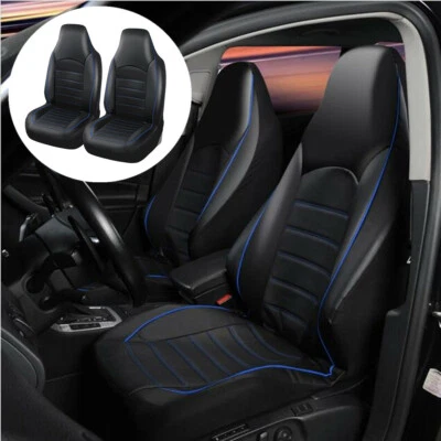 Juego de 2 fundas de asiento de cuero sintético negro/azul con canastilla delantera para auto camión SUV Foto 1 de 4