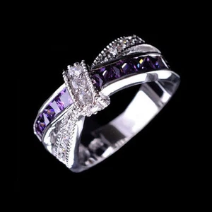 925 Silver Amethyst Fashion purple nice women Crystal cross Rings Jewelry - Picture 1 of 4