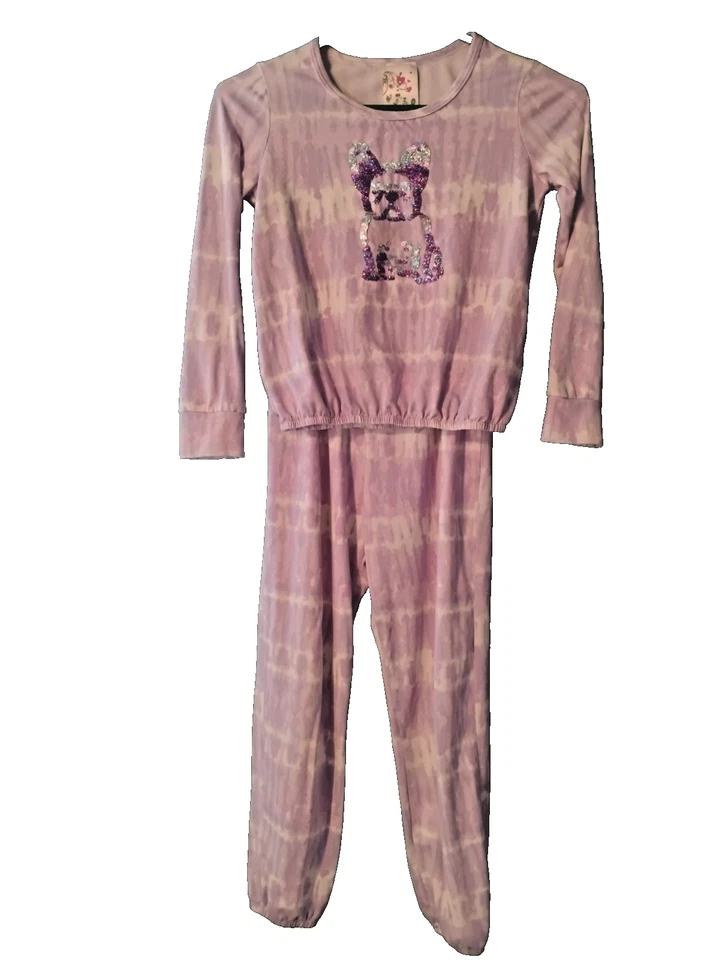 Jenna & Jessie Girls Sz 8 Pajamas 2-piece Set Purple Tie Dye Sequin Frenchie Dog - Image 1 of 4