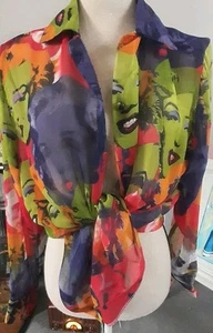 Vintage 80s Marilyn Monroe/James Dean Warhall Sheer Blouse Shirt Top M MOD - Picture 1 of 8